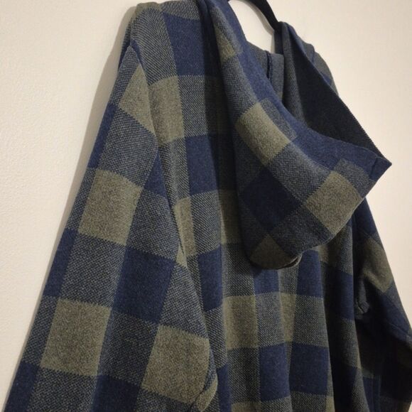 Denim & Co. Plaid Hooded Cardigan 3XP Blue Green Checker Button Front Cozy Knit - Picture 4 of 8
